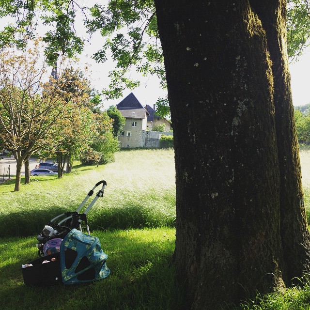 On fini la journée en goûtant à l'ombre d'un arbre  ptitepuce ptitebichette @bugaboohq bugaboovangogh bugaboobee3 vivelegouter